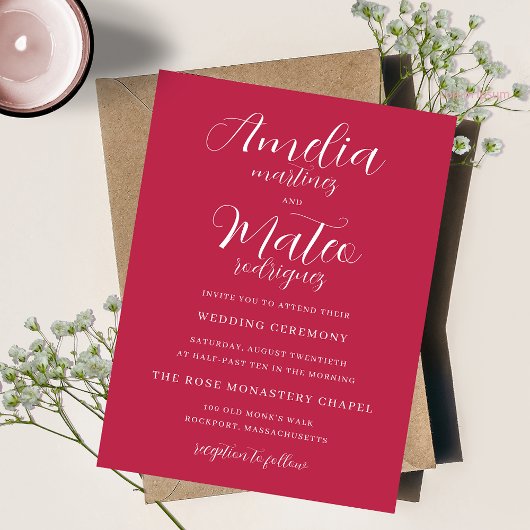 Invitation Simple Script Magenta et Mariage blanc