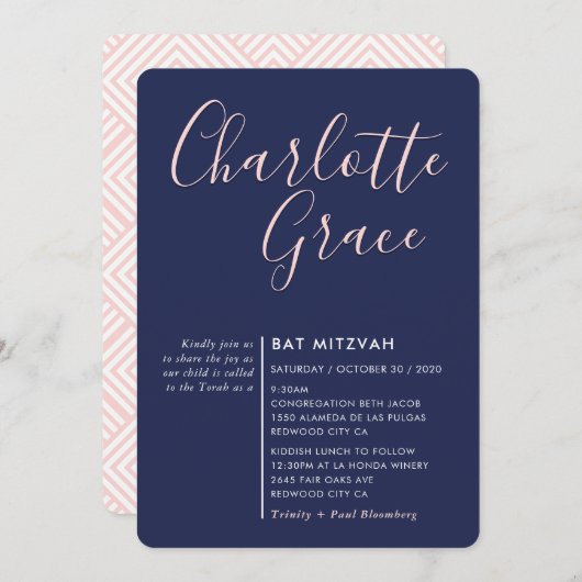 Invitation SIMPLE SCRIPT moderne Bat mitzvah marine bleu rose (Devant / Derrière)