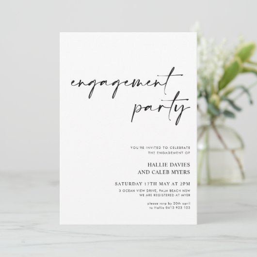 Invitation Simple script moderne Black White Engagement Party (Debout devant)
