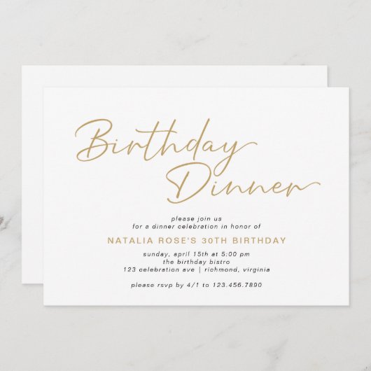 Invitation Simple Script Moderne Blanc & Or Anniversaire Dîne (Devant / Derrière)