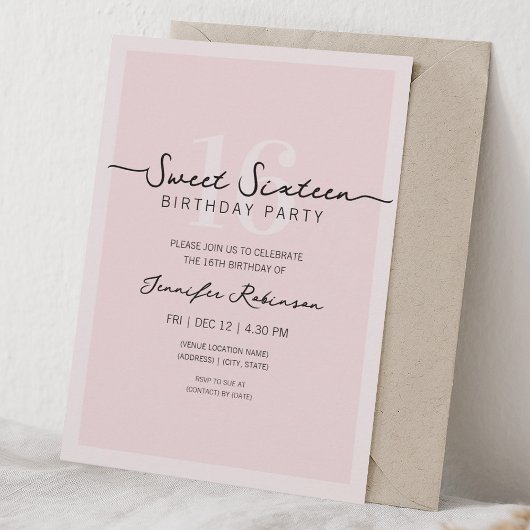 Invitation Simple Script Moderne Douce Rose Seize Ans