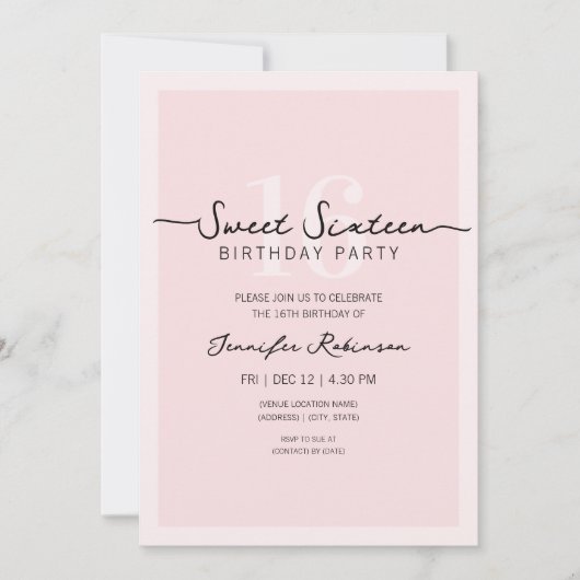 Invitation Simple Script Moderne Douce Rose Seize Ans (Devant)