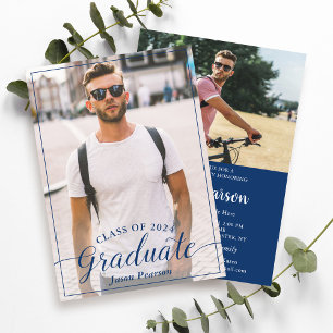 Invitation Simple Script moderne Marine Blue Graduation Photo