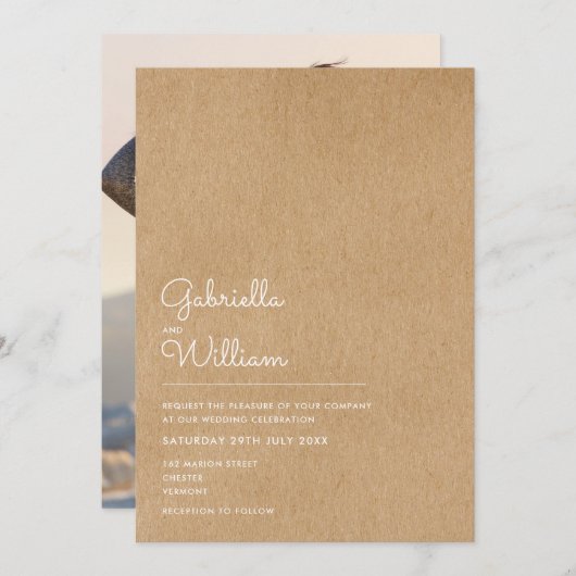 Invitation Simple Script naturel Rustique Mariage photo Kraft (Devant / Derrière)