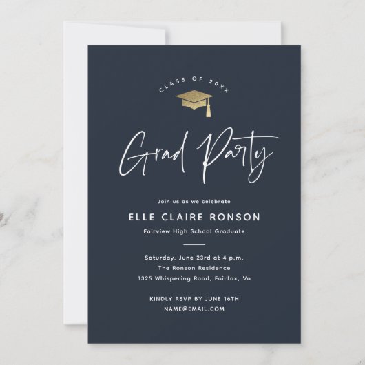 Invitation Simple Script Navy Blue Graduation Party (Devant)