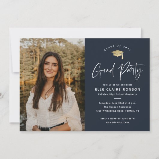 Invitation Simple Script Navy Blue Photo Graduation Party (Devant)