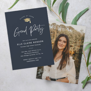 Invitation Simple Script Navy Blue Photo Graduation Party