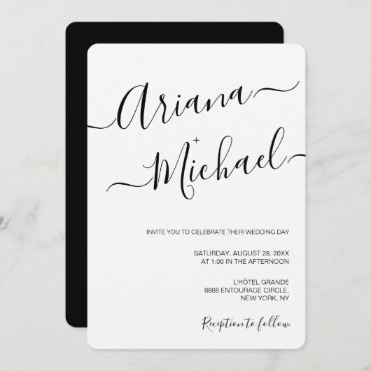 Invitation Simple Script noir blanc Décontracté mariage chic (Devant / Derrière)