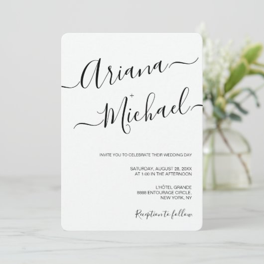 Invitation Simple Script noir blanc Décontracté mariage chic (Debout devant)