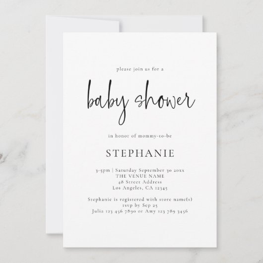 Invitation Simple Script noir blanc ou n'importe quel Baby sh (Devant)