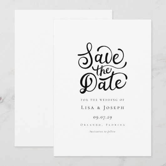 Invitation Simple script noir et blanc Enregistrer la date (Devant / Derrière)