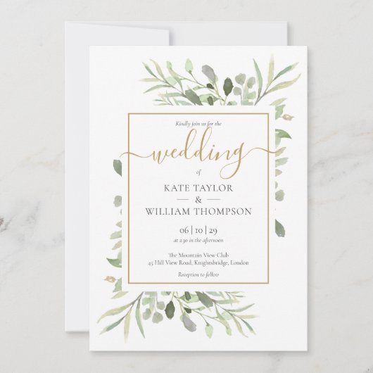 Invitation Simple Script Or Gold Feuillage Vert Mariage   (Devant)