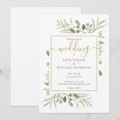 Invitation Simple Script Or Gold Feuillage Vert Mariage   (Devant / Derrière)