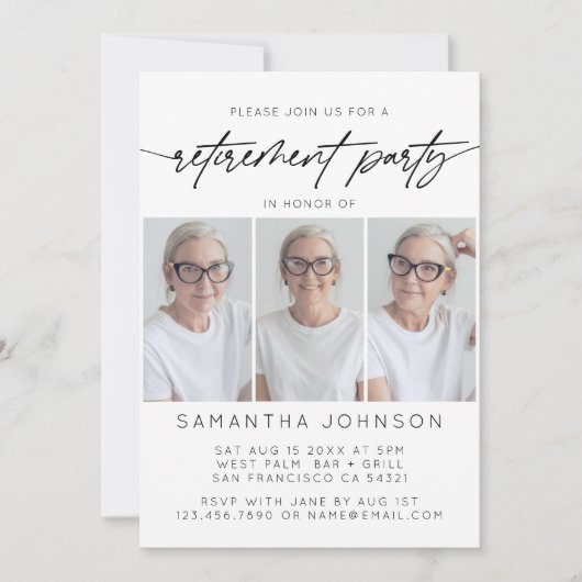 Invitation Simple Script Retraite Party 3 Photo Collage (Devant)