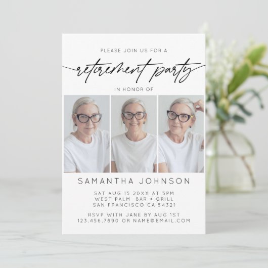 Invitation Simple Script Retraite Party 3 Photo Collage (Debout devant)