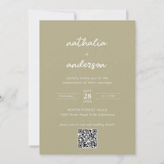 Invitation Simple Script Sage Green Photo QR Code Mariage (Devant)