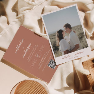 Invitation Simple Script Terracotta Photo QR Code Mariage