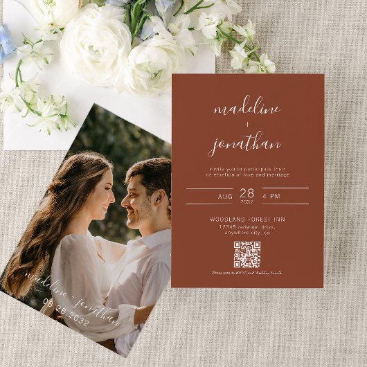 Invitation Simple Script Terracotta Photo QR Code Mariage