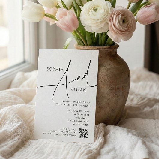 Invitation Simple Script Typography QR Code White Wedding