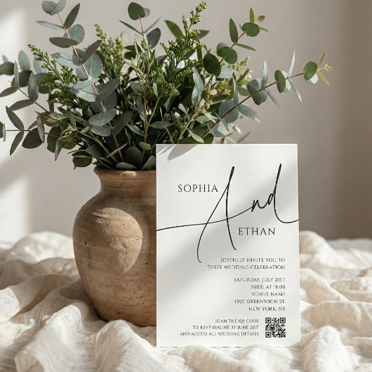 Invitation Simple Script Typography QR Code White Wedding