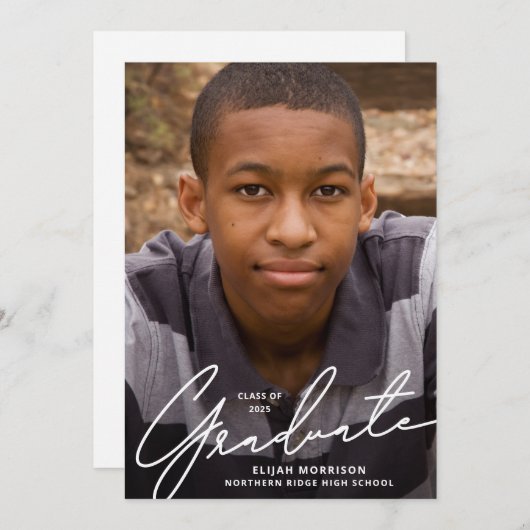 Invitation Simple Script White Overlay Photo Graduation Party (Devant / Derrière)