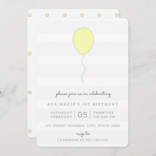 Invitation Simple Shabby Chic Balloon Jaune Anniversaire (Devant / Derrière)