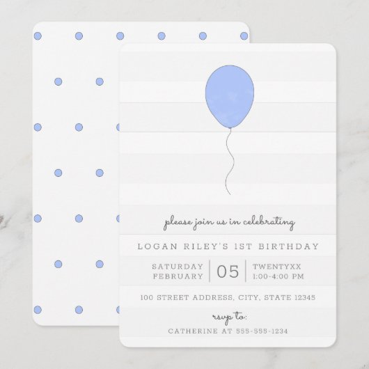Invitation Simple Shabby Chic Bleu et Gris Balloon Anniversai (Devant / Derrière)