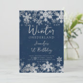 Invitation Simple Silver Navy Winter ONEDERLAND 1er anniversa (Debout devant)