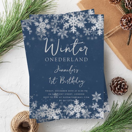 Invitation Simple Silver Navy Winter ONEDERLAND 1er anniversa