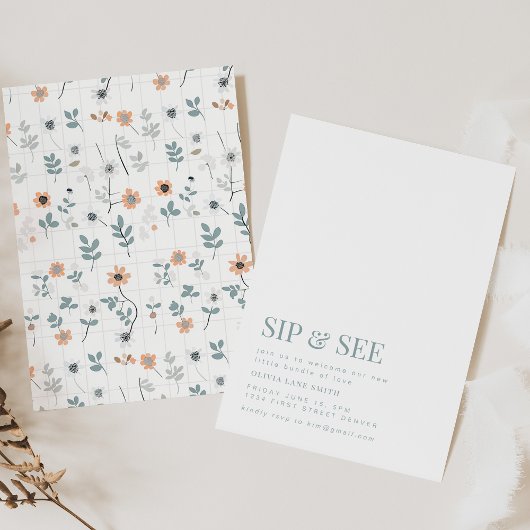 Invitation simple Sip and See Party avec Floral