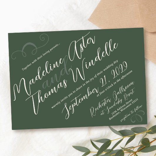 Invitation Simple Slant Script Vert foncé Mariage élégant