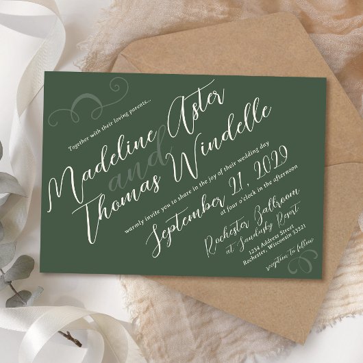 Invitation Simple Slant Script Vert foncé Mariage élégant