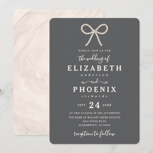 Invitation Simple Smoked Oyster Pearl Bow Trendy Wedding (Devant / Derrière)