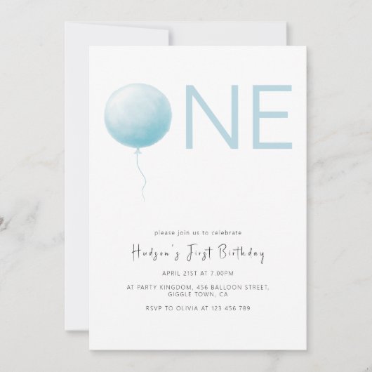 Invitation Simple Soft Blue Balloon Boy First Birthday (Devant)