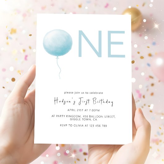 Invitation Simple Soft Blue Balloon Boy First Birthday