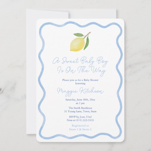 Invitation Simple Squiggle Bordure Lemon Sweet Baby Boy Douch (Devant)