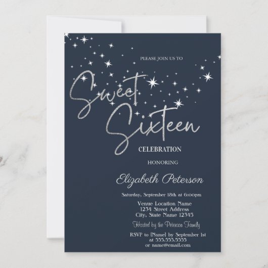 Invitation Simple Stars Navy Blue Sweet 16 (Devant)