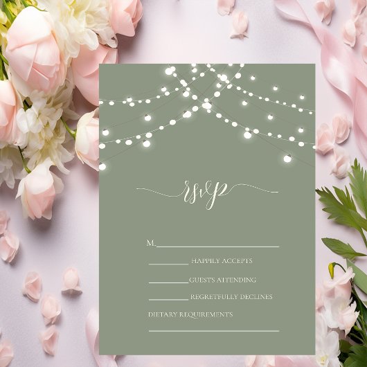 Invitation Simple String Lights Sage Green Wedding RSVP  