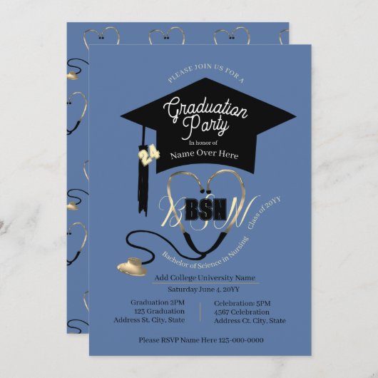 Invitation Simple Style Bleu Editable Nurse Grad Party (Devant / Derrière)