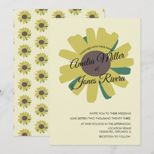 Invitation Simple Sunflower Script Vert Jaune Mariage dans (Devant / Derrière)