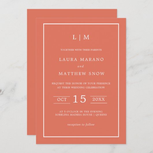 Invitation Simple Terracotta Monogramme Mariage moderne (Devant / Derrière)