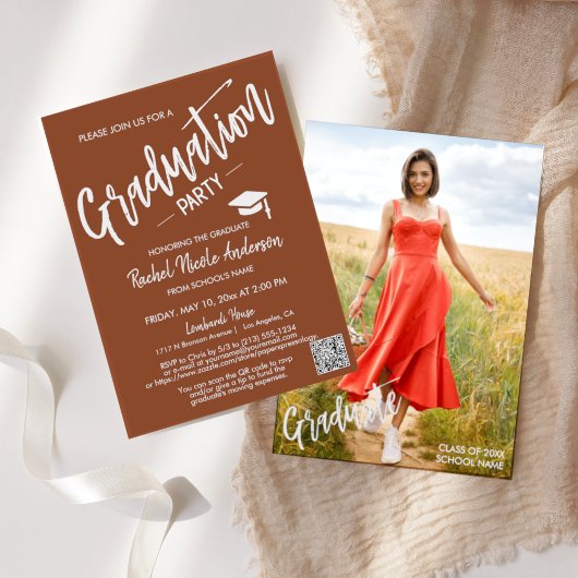 Invitation Simple Terracotta QR Code Photo Graduation Party