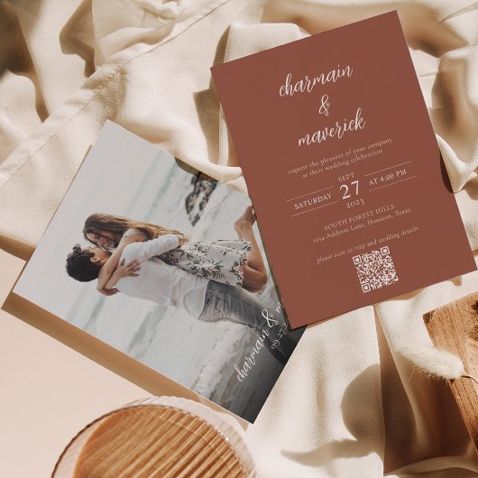 Invitation Simple Terracotta Script Photo QR Code Mariage