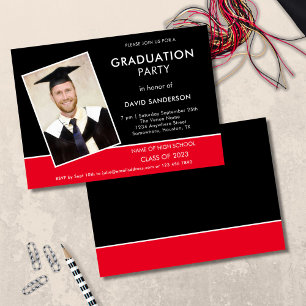 Invitation Simple Text Photo Gold Black Red 2023 Graduation