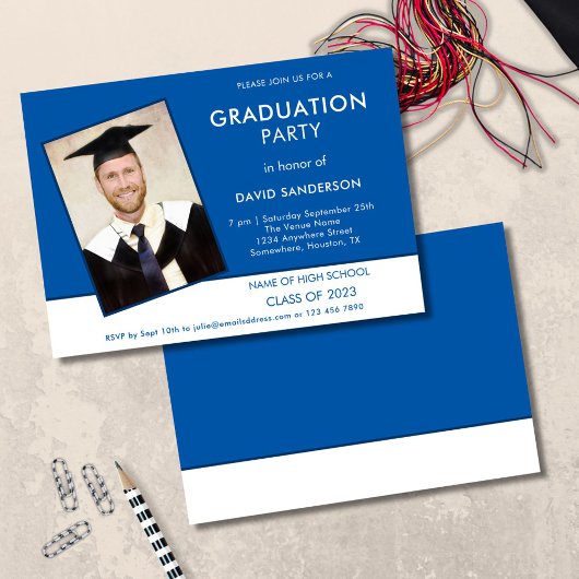 Invitation Simple Texte Photo Bleu Blanc 2025 Graduation