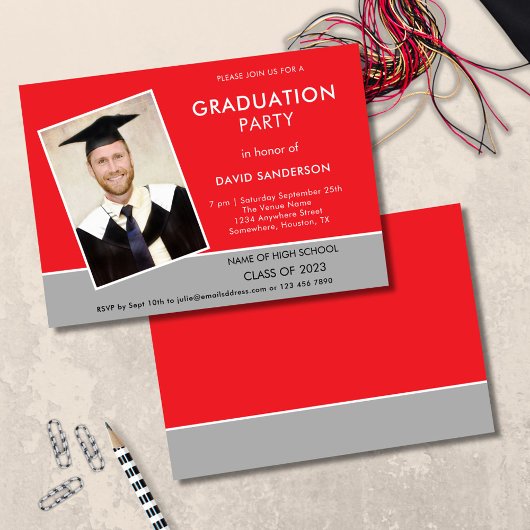 Invitation Simple Texte Photo Red Silver 2025 Graduation Invi