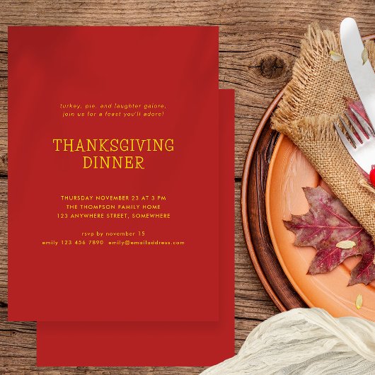 Invitation Simple Texte Thanksgiving Dîner Gold Red