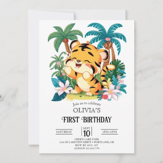 Invitation Simple Tiger 1er Anniversaire numérique (Devant)
