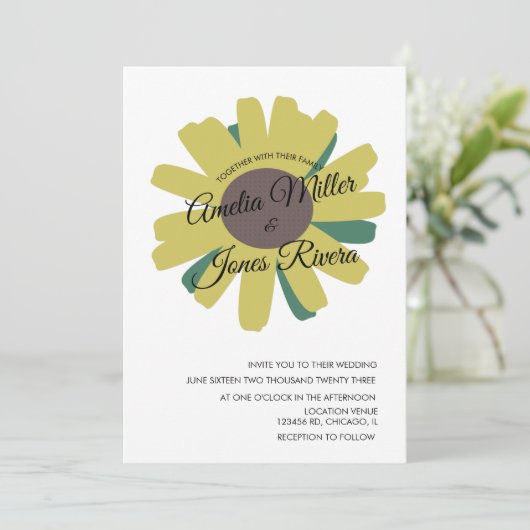 Invitation Simple tournesol Script vert Mariage jaune (Debout devant)