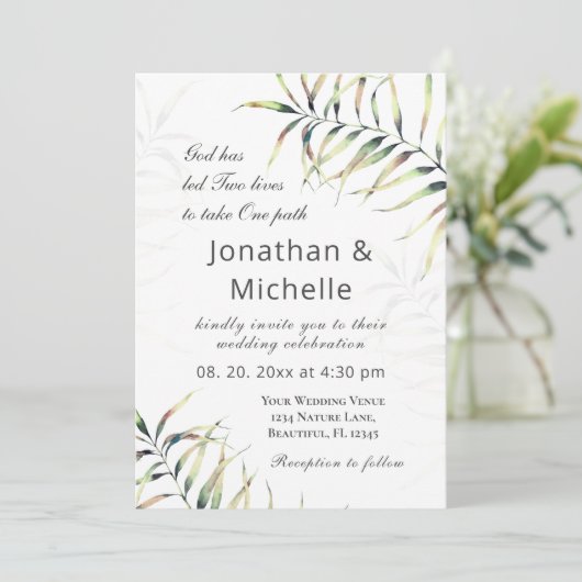 Invitation Simple Tropical Palm Branch Christian Mariage (Debout devant)